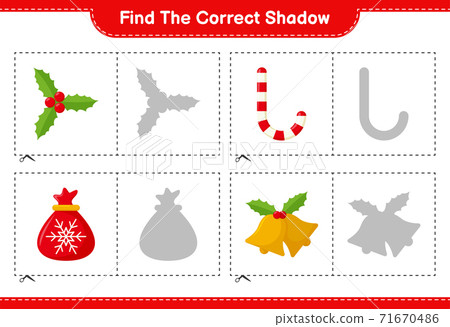 Find the correct shadow. Find and match the correct shadow of Christmas Decoration. Educational children game, printable worksheet, vector illustration 71670486