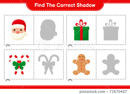 Find the correct shadow. Find and match the correct shadow of Christmas Decoration. Educational children game, printable worksheet, vector illustration 71670487