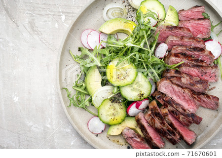 Traditional barbecue skirt steak sliced with salad and avocado Traditional barbecue skirt steak sliced with salad and avocado 71670601