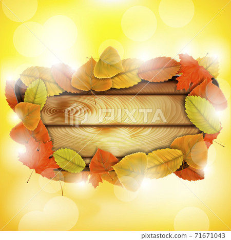 Wooden board with autumn colorful leaves 71671043