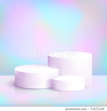 Realistic white podium on iridescent background with snowflakes. Elegance pastel scene with blank cylinder pedestal for product show. Luxury platform vector mockup Realistic white podium on iridescent background with snowflakes. Elegance pastel scene with blank cylinder pedestal for product show. Luxury platform vector mockup 71671284