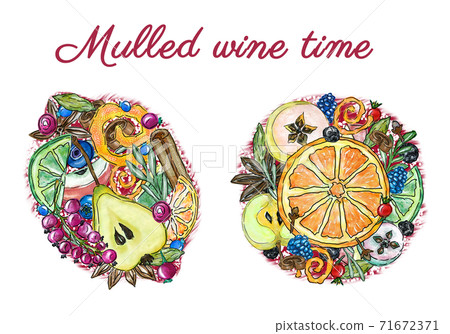Mulled wine winter hot drink ingredients, illustration for menu, Christmas card, invitation Mulled wine winter hot drink ingredients, illustration for menu, Christmas card, invitation 71672371