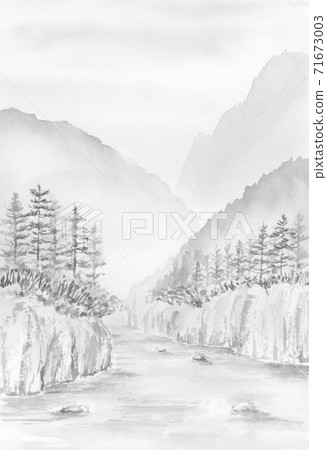 Landscape of mountains, trees and water, ink painting, sumi-e, landscape painting, monochrome 71673003