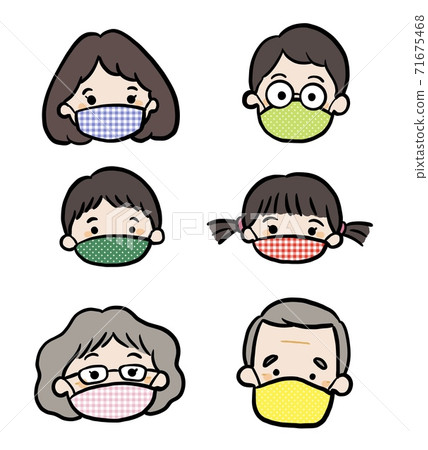 Illustration of a 3rd generation family wearing colorful masks Illustration of a 3rd generation family wearing colorful masks 71675468