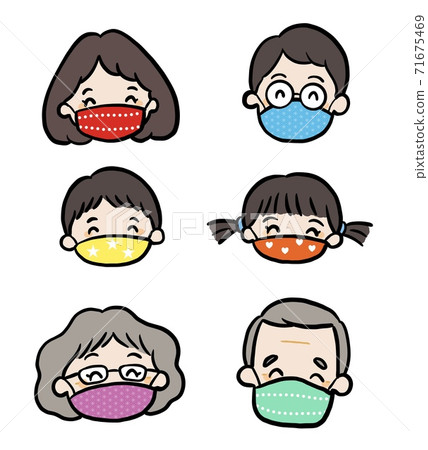 Illustration of a 3rd generation family wearing a colorful mask and smiling 71675469