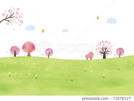 櫻桃樹和草地水彩風景 櫻桃樹和草地水彩風景 71676527