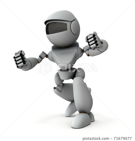 An artificial intelligence robot that takes a fighting pose. White background. 3D rendering. An artificial intelligence robot that takes a fighting pose. White background. 3D rendering. 71679077