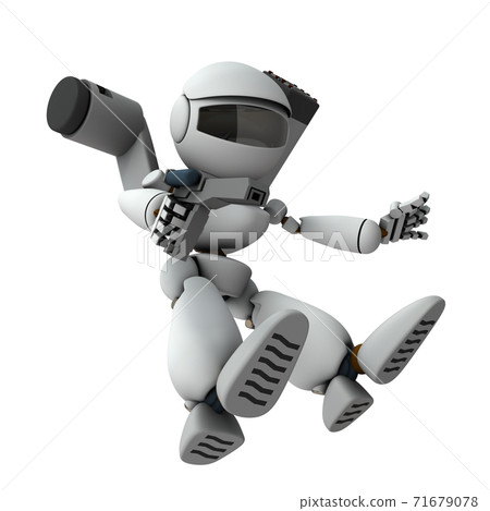 An armed robot soldier who descends and invades. 3D rendering. White background. An armed robot soldier who descends and invades. 3D rendering. White background. 71679078