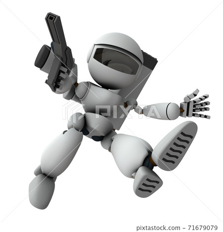 An armed robot soldier who descends and invades. 3D rendering. White background. 71679079