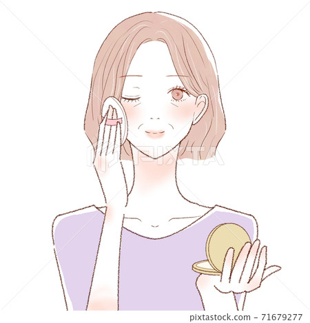 Middle-aged woman applying powdery foundation to her face with a puff 71679277