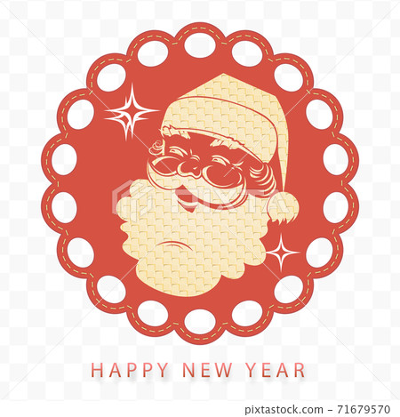 Element of Christmas composition. Texture silhouette of Santa Claus face, round sign with intertwined braid 71679570