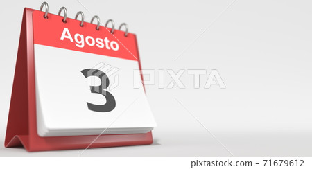 August 3 date written in Spanish on the flip calendar, 3d rendering 71679612