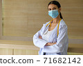 A female doctor wearing a mask is standing at the reception. 71682142