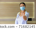 A female doctor wearing a medical mask raising his thumbs. 71682145