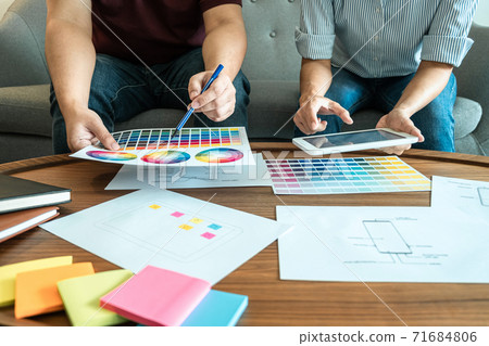 Team of Creative Web/Graphic Designer planning, drawing website ux app for mobile phone application and development template layout, process to developing prototype wireframe, User experience concept 71684806