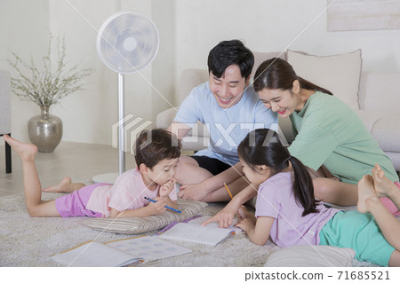 Concept of friendly family, happy family enjoying summer vacation at home 256 71685521