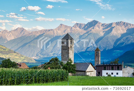 Val Venosta, Vinschgau, Alto Adige, Italy. View over Mals in South Tyrol 71692017