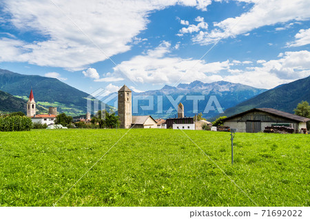Val Venosta, Vinschgau, Alto Adige, Italy. View over Mals in South Tyrol 71692022