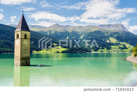 Church in the water at Lake Reschen in Tyrol in north Italy 71692023