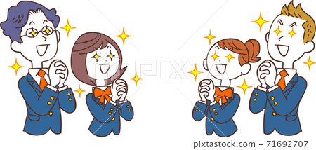 Male and female students in blue uniforms praying face to face 71692707