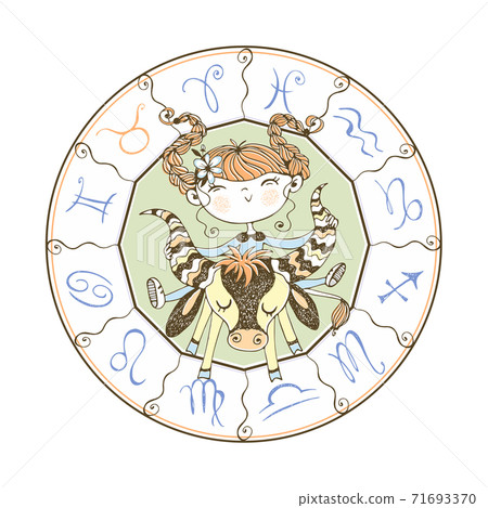 Zodiac sign Taurus. Funny children's horoscope in Doodle style. Vector 71693370
