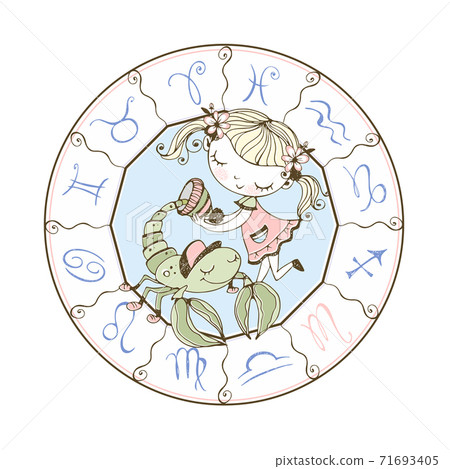 Children's zodiac. The zodiac sign is Scorpio. A cute girl puts on a Scorpion hat. Vector 71693405