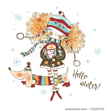 Cute girl in a knitted hat drinking a hot drink outside in winter with her doggie dog Dachshund .Winter fun illustration. Watercolors and graphics. Vector Cute girl in a knitted hat drinking a hot drink outside in winter with her doggie dog Dachshund .Winter fun illustration. Watercolors and graphics. Vector 71693435