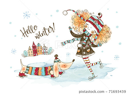 A cute girl in a knitted hat is skating with her pet dog Dachshund.Winter illustration. Watercolors and graphics. Vector 71693439