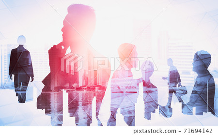 Abstract image of many business people together in group on background of city 71694142