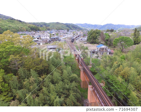 SL departing Uenagaoka station "Pareo Express" ~ Aerial photograph with drone (Chichibu-machi Chichibu-gun, Saitama Prefecture Nagano-machi Shimodano) SL departing Uenagaoka station "Pareo Express" ~ Aerial photograph with drone (Chichibu-machi Chichibu-gun, Saitama Prefecture Nagano-machi Shimodano) 71694307