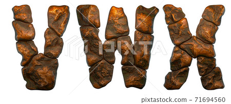 Set of rocky letters V, W, X. Font of stone on white background. 3d 71694560