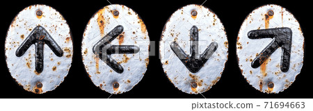 Set of symbols up arrow, right and left arrow, arrow to down made of forged metal on the background fragment of a metal surface with cracked rust. Set of symbols up arrow, right and left arrow, arrow to down made of forged metal on the background fragment of a metal surface with cracked rust. 71694663