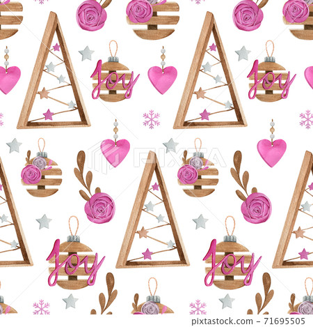 Christmas watercolor seamless pattern with pink and wooden decor Christmas watercolor seamless pattern with pink and wooden decor 71695505