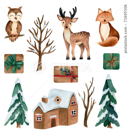 Winter animals watercolor illustrations set Winter animals watercolor illustrations set 71695506
