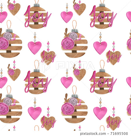 Christmas watercolor seamless pattern with pink and wooden decor 71695508