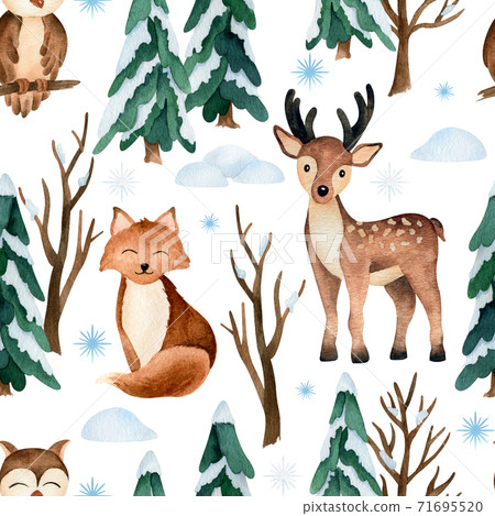 Seamless pattern with watercolor animals in winter forrest  71695520