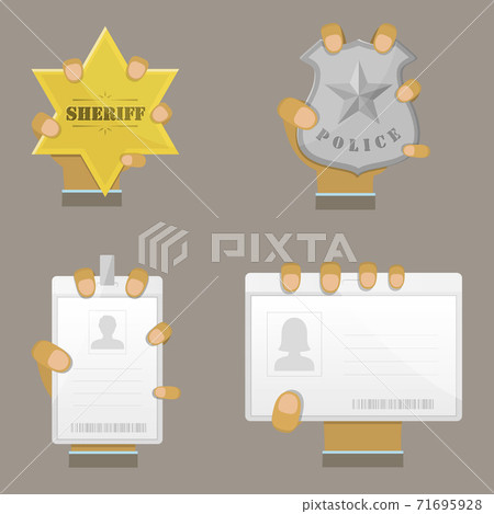 Mans Hand Holding Different Badges. Mans Hand Holding Different Badges. 71695928