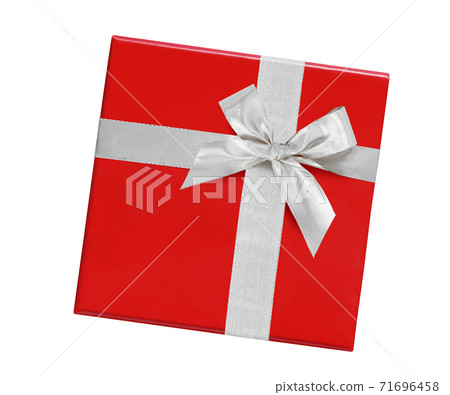 Red Gift box with silver ribbon and bow isolated on white. 71696458