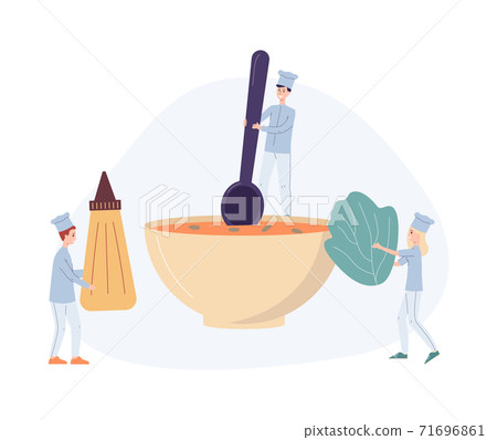 Tiny chefs characters cooking vegetable soup flat vector illustration isolated. Tiny chefs characters cooking vegetable soup flat vector illustration isolated. 71696861