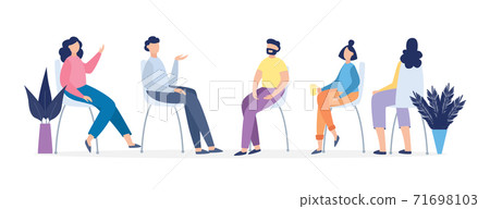 People sitting on group psychotherapy session, flat vector illustration. 71698103