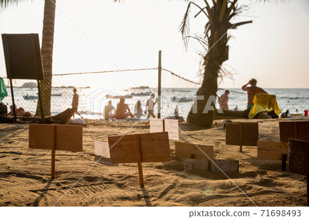 Sea turtle nesting site. Special plates contain information about the clutch: number of eggs and the date of setting Sea turtle nesting site. Special plates contain information about the clutch: number of eggs and the date of setting 71698493