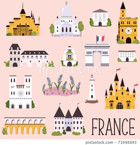 Big collection of famous landmarks of France. Vector illustration 71698893