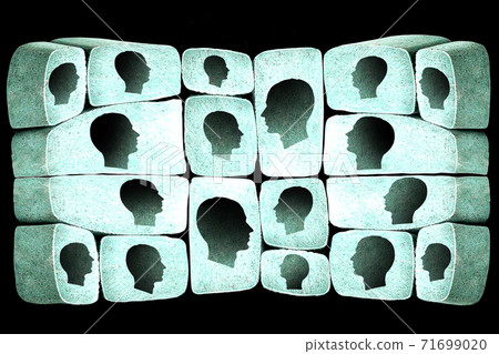 Silhouettes of a human head carved in stone. Stone block perspective. The concept is a footprint in business. Unusual thinking and intelligence. Modern education IT thinking. 3D image 71699020
