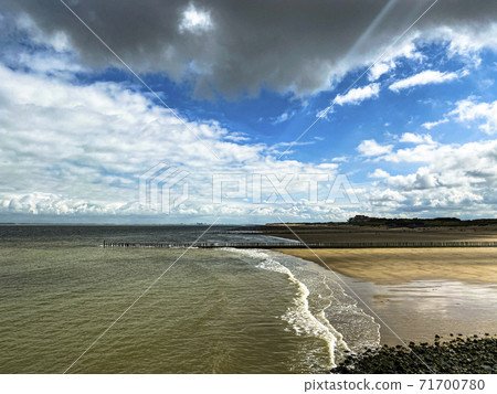 Wooden poles on the beach to break the waves at Cadzand, The Netherlands Wooden poles on the beach to break the waves at Cadzand, The Netherlands 71700780