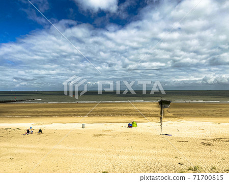 Wooden poles on the beach to break the waves at Cadzand, The Netherlands 71700815
