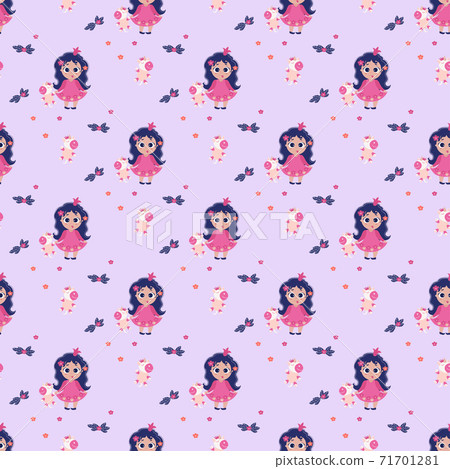 Seamless patterns. Little girl princess with her tongue hanging out and holding a unicorn toy in her hands on a light purple background with flowers. Vector. kids collection for design and packaging Seamless patterns. Little girl princess with her tongue hanging out and holding a unicorn toy in her hands on a light purple background with flowers. Vector. kids collection for design and packaging 71701281
