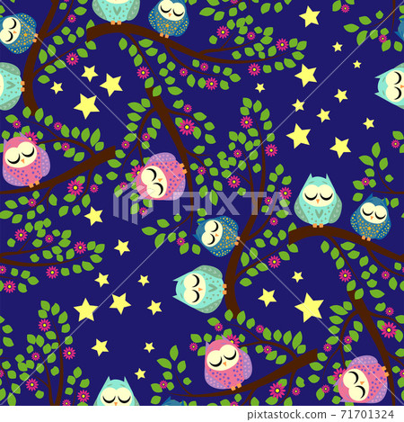 Cute colorful floral seamless pattern with owl... - Stock Illustration ...