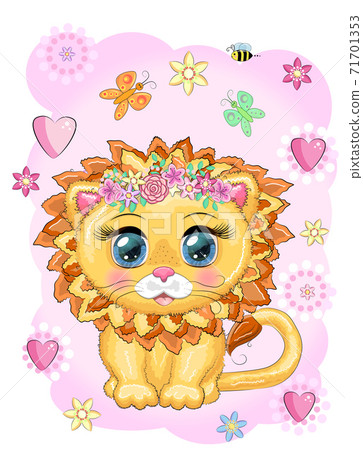 Cute cartoon lion with big eyes in a children's bright style. Cute cartoon lion with big eyes in a children's bright style. 71701353