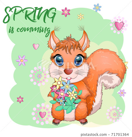 Couple of cute cartoon squirrel with beautiful eyes with flowers, wreath Couple of cute cartoon squirrel with beautiful eyes with flowers, wreath 71701364