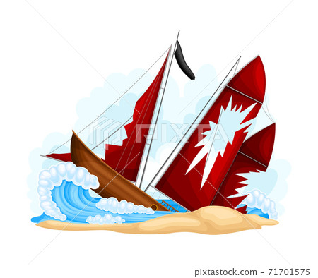Wreckage of Pirate Ship or Vessel with Ripped Red Sail Vector Illustration 71701575